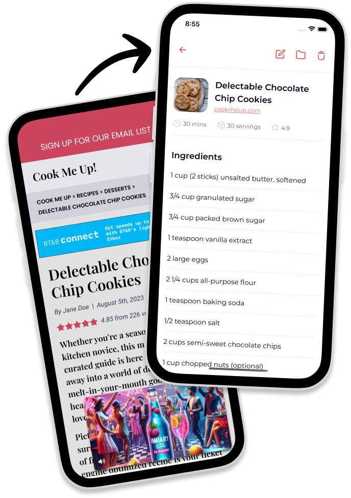 Demo of the Chopbop app. Before displays a recipe site with lots of content. After displays the app with only relevant content.